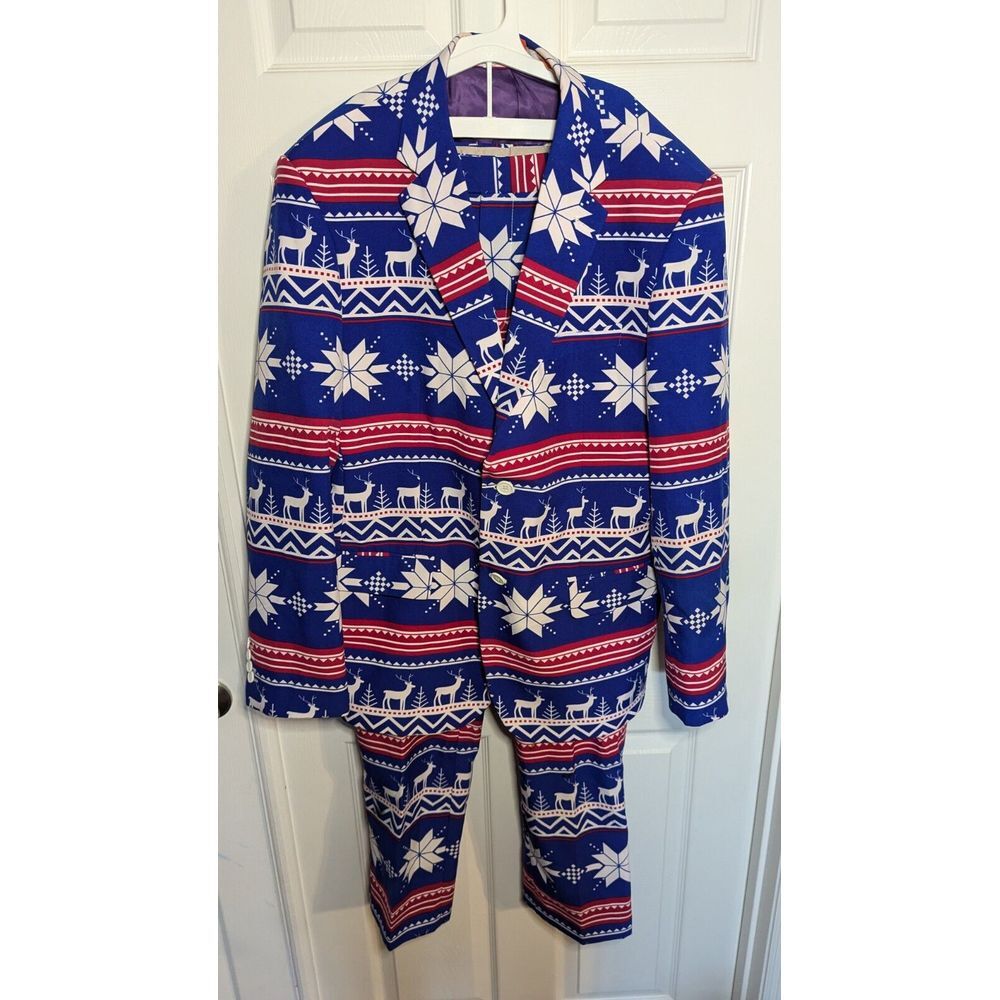 Opposuits Christmas Holiday 3-Pc Party Suit Reindeer Snowflake Pants Blazer 44